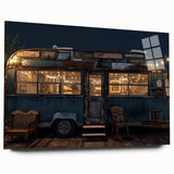 Side view of a caravan depicted in large abstract wall art on acrylic glass, with muted earth tones.