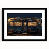 Extra large abstract art print featuring a colorful, textured caravan scene on a black framed canvas.