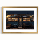 Textured abstract art print of a caravan in muted earth tones on a gold-framed canvas, suitable for bedroom art.