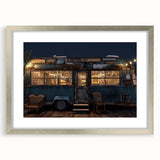 Abstract art print of a caravan in muted earth tones on a framed canvas, suitable for dining room decor.