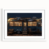 Extra large abstract art print featuring a caravan, in muted earth tones on a white framed canvas.