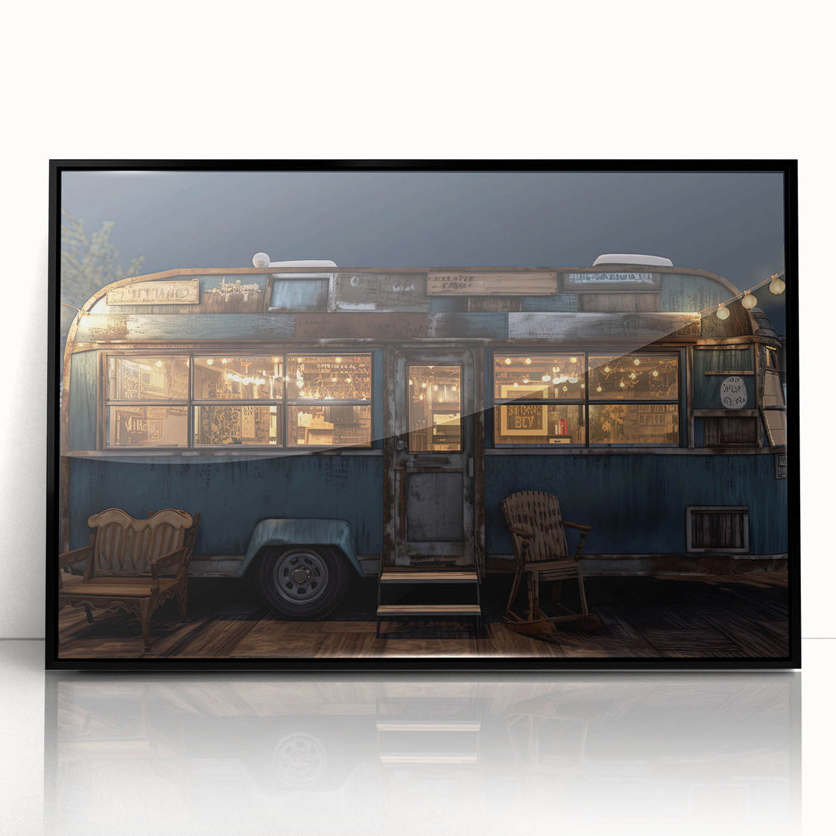 Large abstract wall art featuring a colorful caravan design in a mid-century modernist style, framed in black acrylic.