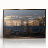 Mid-century modernist art depicting a caravan in gold and teal hues on a framed acrylic, ideal for nursery wall art.