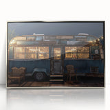 Art Deco style poster of a vintage caravan in silver and gray tones, acrylic framed, suitable for modern nursery decor.