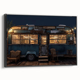 Black and white framed canvas featuring a vintage caravan in a landscape, ideal for bedroom wall decor.
