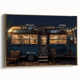 Framed canvas featuring a vintage poster of colorful caravans in a landscape setting.