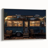 Vintage poster art of a silver caravan on a black background, framed canvas, ideal for living room decor.