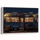 Framed canvas depicting a vintage caravan in a black and white landscape, ideal for bedroom wall decor.