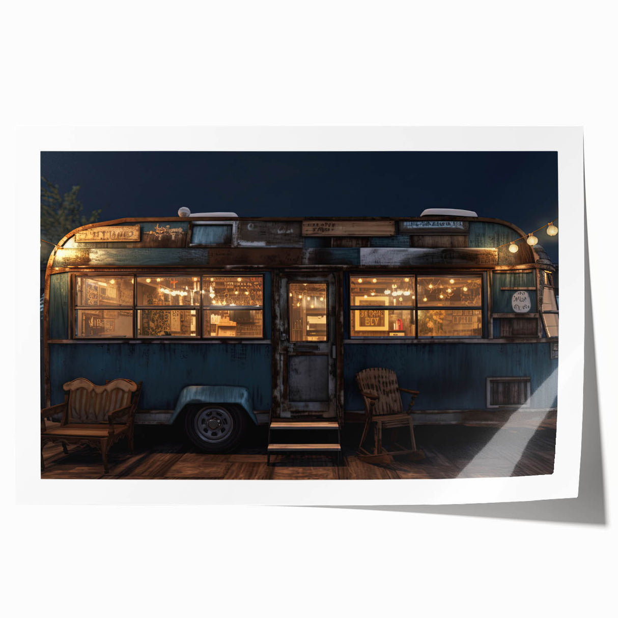 Vintage caravan in desert scene on rolled print, using muted brown and orange tones, suitable for art wall dining room.
