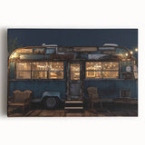 Large black and white stretched canvas featuring a vintage caravan, ideal for kitchen wall art.