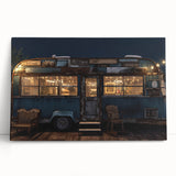 Black and white stretched canvas featuring a vintage caravan design, ideal for kitchen wall art or bedroom decor.