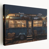 Vintage caravan in muted earth tones on a stretched canvas, suitable for kitchen wall art.