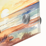 Large abstract wall art featuring a mid-century modernist caravan design in muted earth tones on acrylic glass.