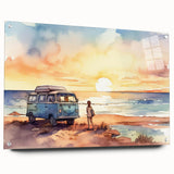 Side view of a caravan depicted in large abstract style on acrylic glass, with muted earth tones.