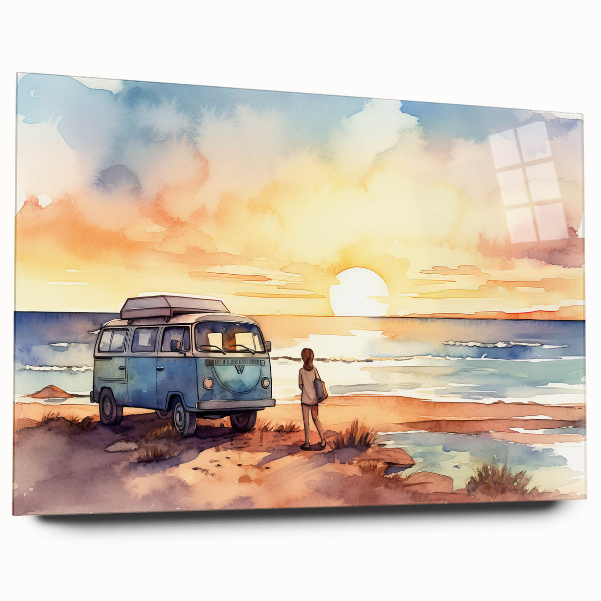 Side view of a caravan in large abstract style on acrylic glass, muted earth tones, ideal for bedroom or dining room art.