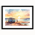 Abstract art print of a colorful caravan on textured canvas, framed in black, ideal for living room decor.
