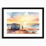 Abstract art print of a colorful caravan on textured canvas, framed in black, ideal for living room decor.