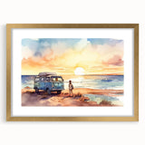 Textured abstract art print of a caravan in muted earth tones on a framed gold mat, suitable for bedroom art.