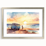 Abstract art print featuring a caravan in muted earth tones on a framed silver mat, suitable for dining room decor.