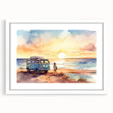 Extra large abstract art print of a caravan, featuring textured design in earthy tones on a white framed canvas.