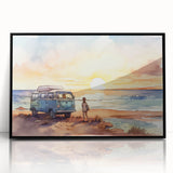 Large abstract wall art featuring a mid-century modernist caravan design in muted earth tones, framed in black acrylic.