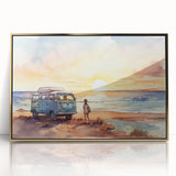 Mid-century modernist art depicting a caravan in muted earth tones on a framed acrylic, suitable for nursery wall decor.