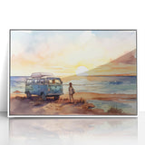 Mid-century modernist caravan depicted in muted earth tones on a white acrylic framed print, suitable for nursery wall decor.