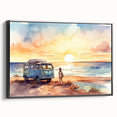 Black and white framed canvas featuring a vintage caravan in a landscape setting, ideal for bedroom decor.