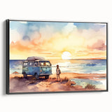 Black and white framed canvas featuring a vintage caravan in a landscape setting, ideal for bedroom decor.