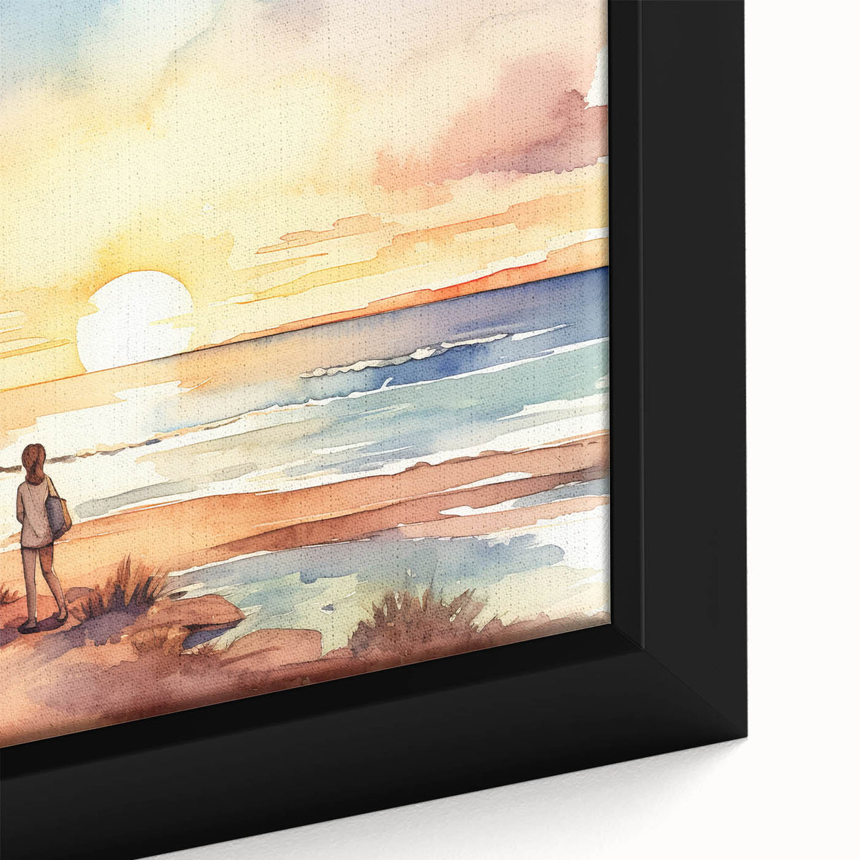 Extra large black wall art featuring a textured, colorful caravan design on framed canvas, suitable for living room decor.