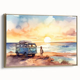 Framed canvas featuring a vintage caravan in muted black with colorful accents, ideal for a retro-themed living room.