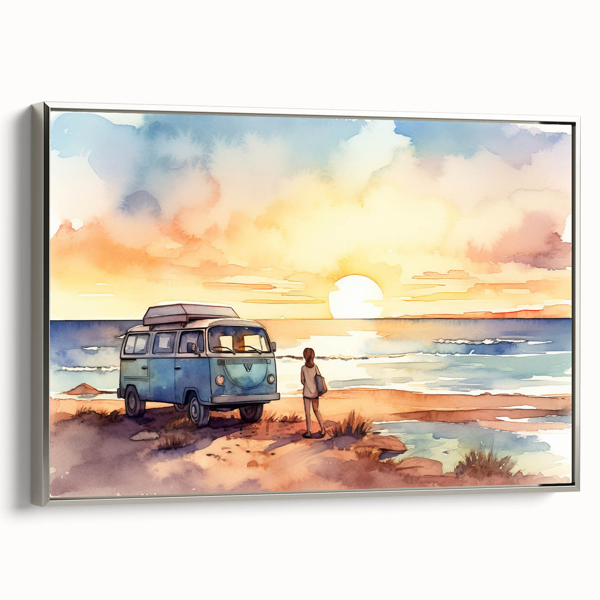 Vintage poster art of a colorful caravan on a black background, framed canvas, ideal for living room decor.
