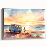 Vintage poster art of a colorful caravan on a black background, framed canvas, ideal for living room decor.