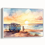 Framed canvas featuring a vintage-style caravan in a landscape setting, with black and white tones.