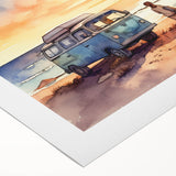 Art Deco poster of a vintage caravan in muted beige and brown, rolled canvas, suitable for dining room wall art.