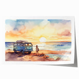 Rolled print featuring a vintage caravan in muted earth tones, ideal for art wall dining room or classy bathroom decor.