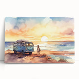 Black and white photo of a vintage caravan on stretched canvas, ideal for kitchen wall art.