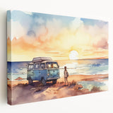 Large art depicting a colorful caravan in a minimalist style on stretched canvas, suitable for kitchen wall art.
