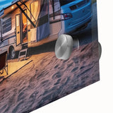 Mid-century modernist acrylic glass art featuring a large abstract caravan design in muted earth tones.