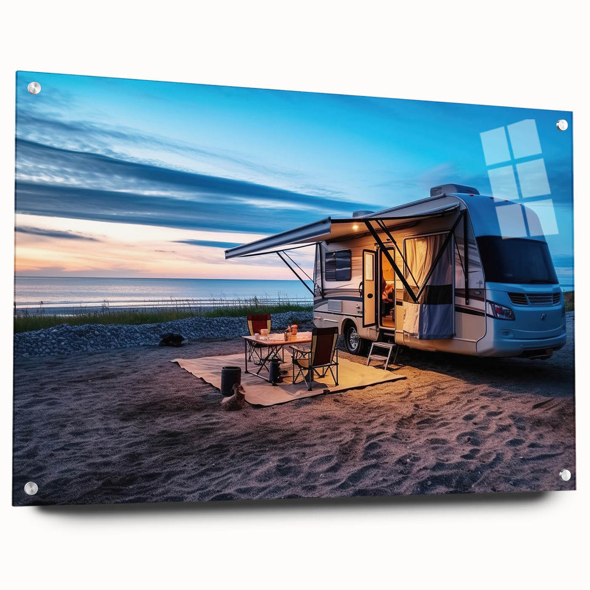 Acrylic print of a caravan in muted earth tones, suitable for bedroom or dining room decor.