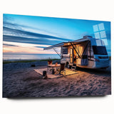 Side view of a caravan in muted earth tones on acrylic glass, suitable as large abstract bedroom or dining room art.