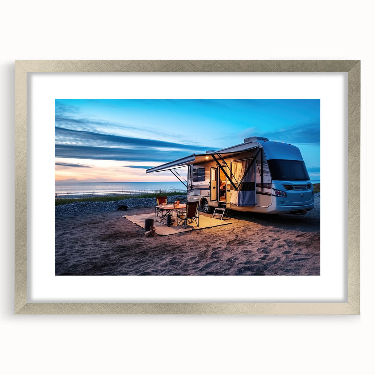 Abstract art print featuring a geometric caravan design in monochrome shades on a silver-framed mat.