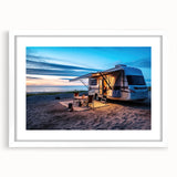 Extra large abstract art print of a textured caravan, in muted earth tones on a framed white canvas.