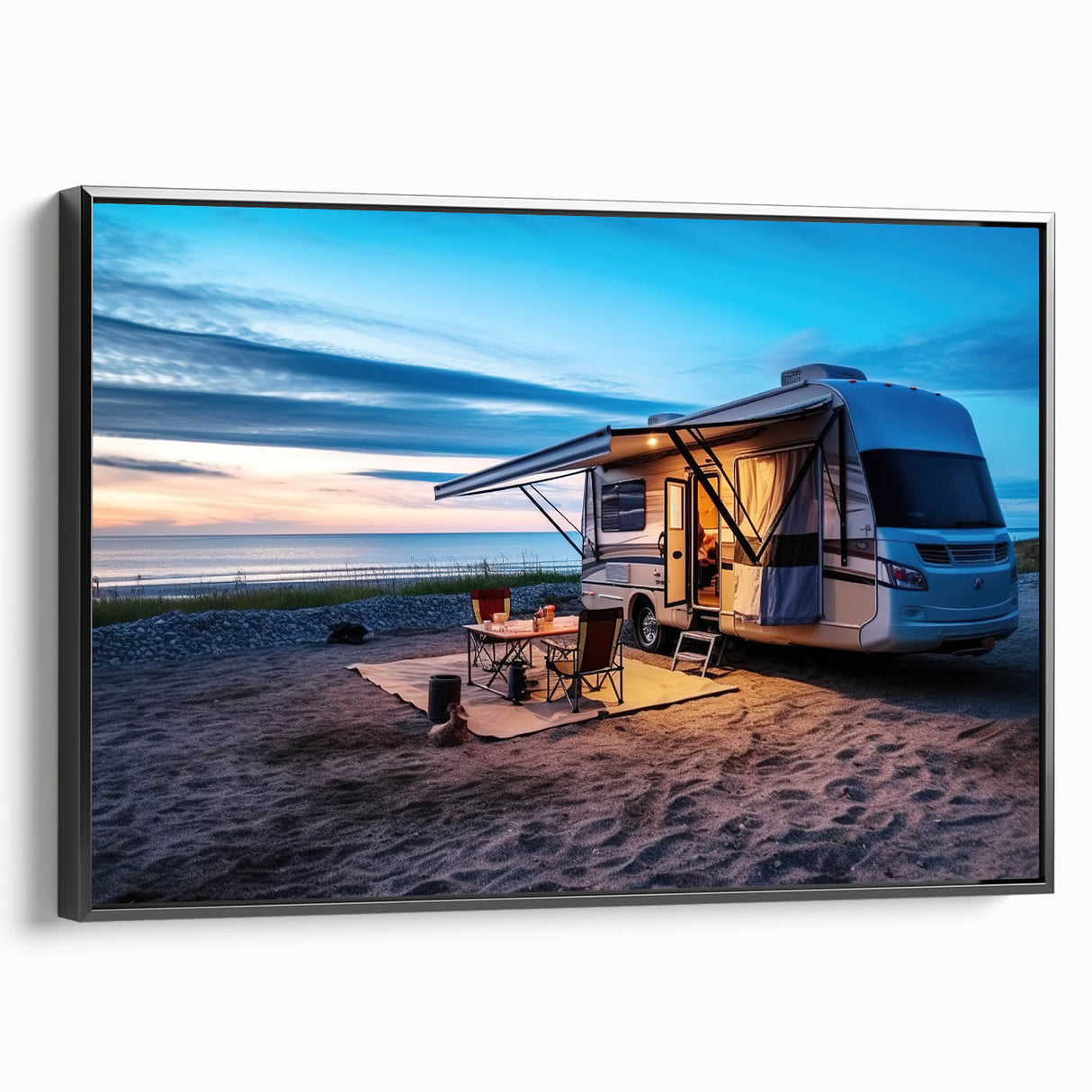 Black and white vintage poster art of a caravan in landscape format on framed canvas, ideal for bedroom wall decor.