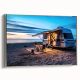 Vintage poster art of a colorful caravan on black framed canvas, suitable for extra large living room wall.