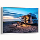 Framed canvas featuring a vintage caravan in a landscape setting on a black background, suitable for bedroom wall art.