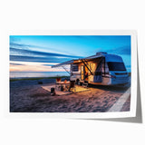 Rolled print of a caravan in muted earth tones, ideal for art wall dining room decor.
