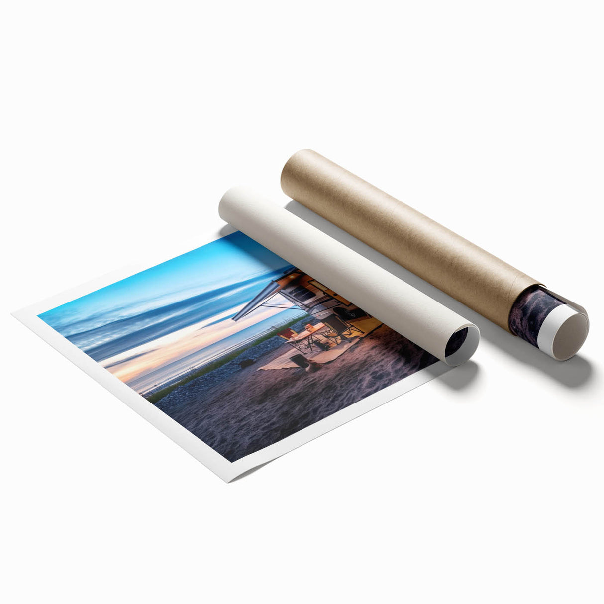 Extra large rolled print featuring a vintage caravan in muted earth tones, ideal for classy bathroom wall art.