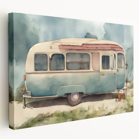 Large art print of a vintage caravan in muted earth tones on stretched canvas, ideal for kitchen wall decor.