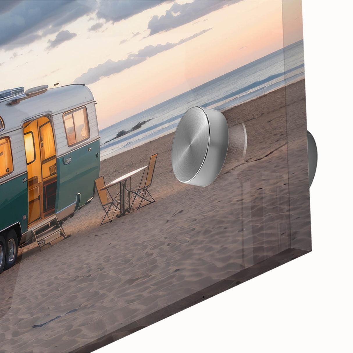 Mid-century modernist acrylic print of abstract caravan in muted earth tones, ideal for dining room art.